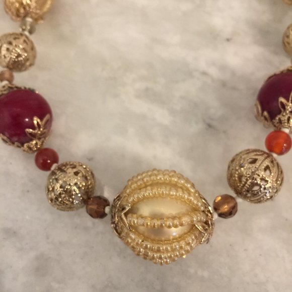 CAROLEE Statement Red and Gold Beaded Necklace with semi-precious accents - Picture 6 of 6